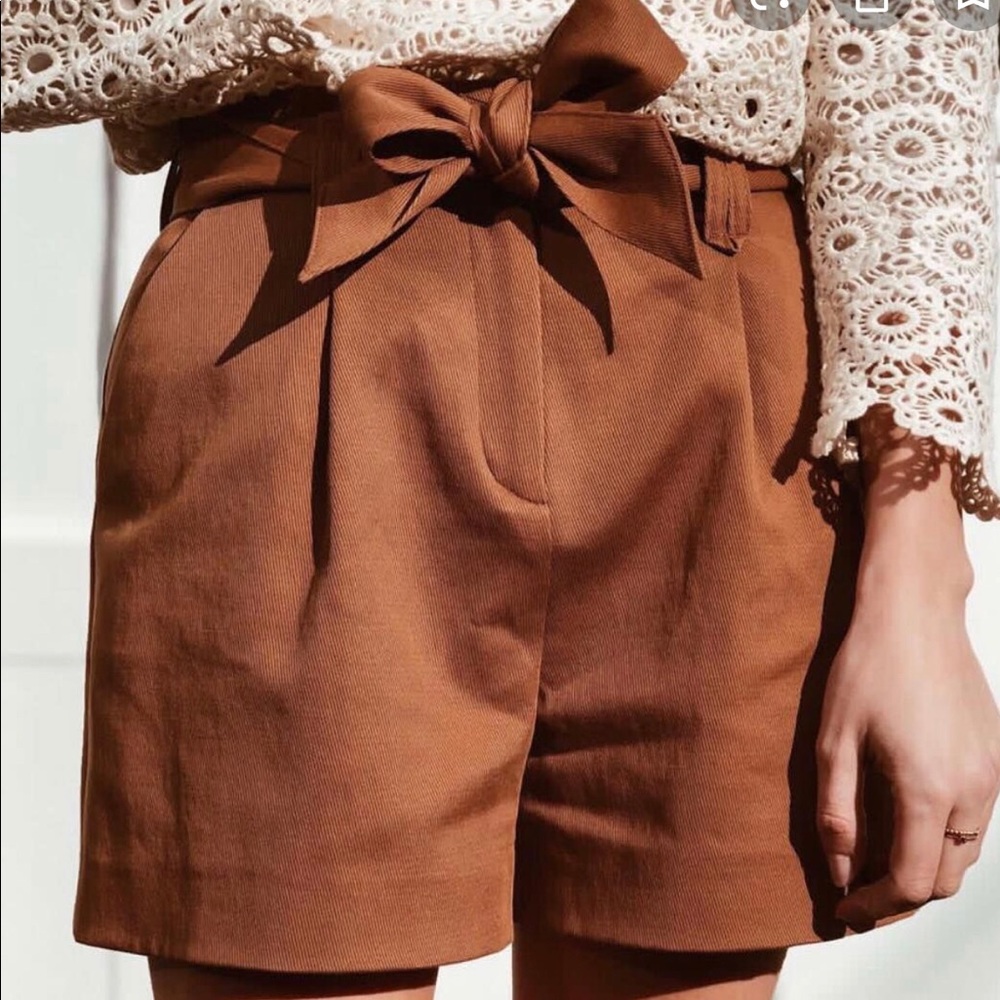 Sezane High-Waist Paperbag Tie Shorts in Warm Brown